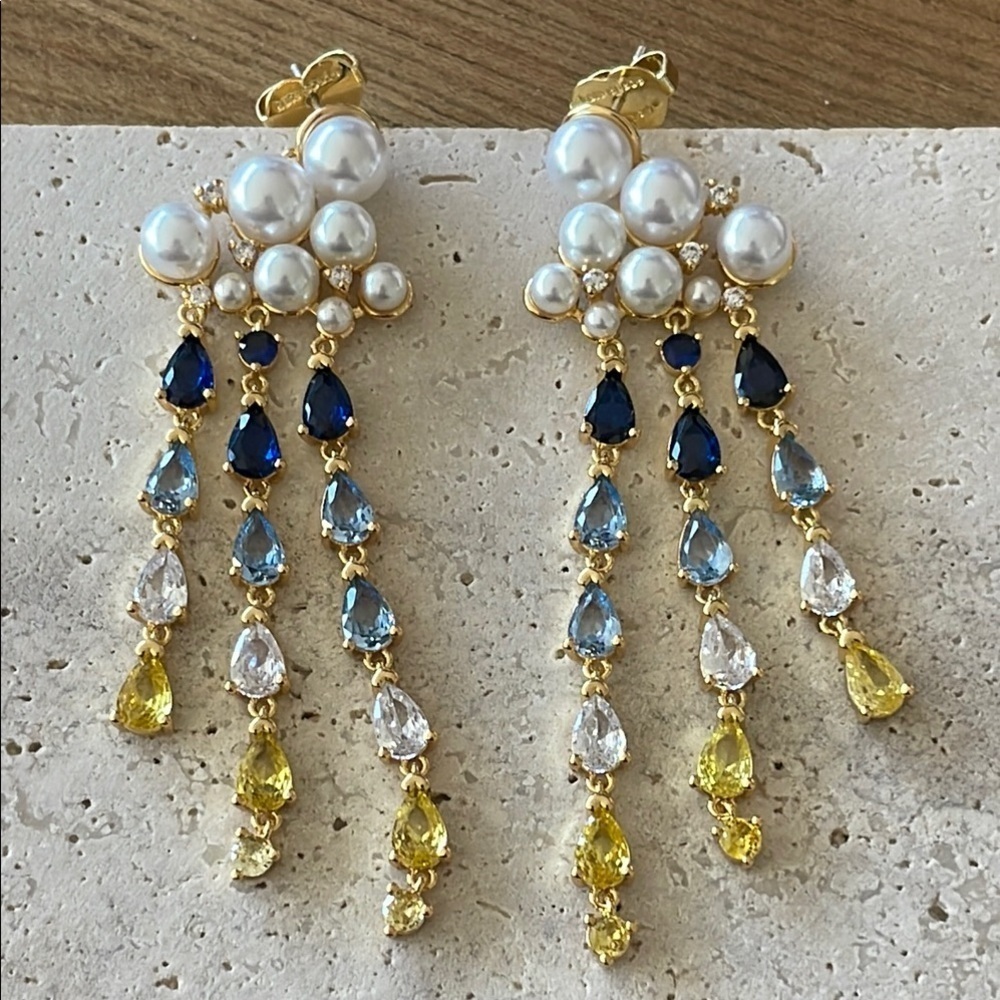 Elegant Gold and Blue Pearl Drop Earrings - Picture 6 of 6